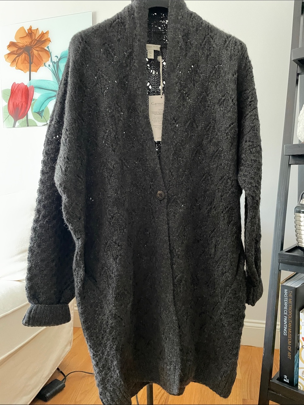 Alpaca Charcoal Single-Button Knit Cardigan